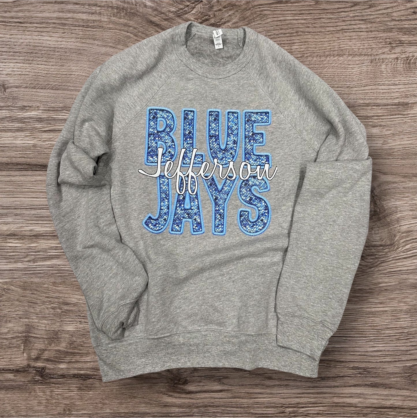 R7 Bluejays Spirit Wear - Crewneck Faux Sequins Jefferson Bluejays