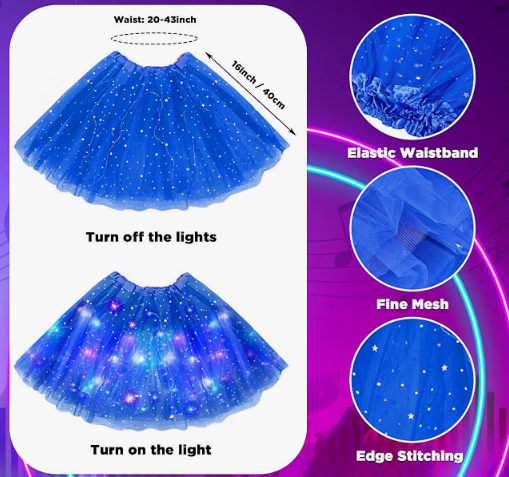 Spirit Wear Accessories - Bundle - Blue Light-Up LED Tutu (20-43 in waist), Wig & Glasses